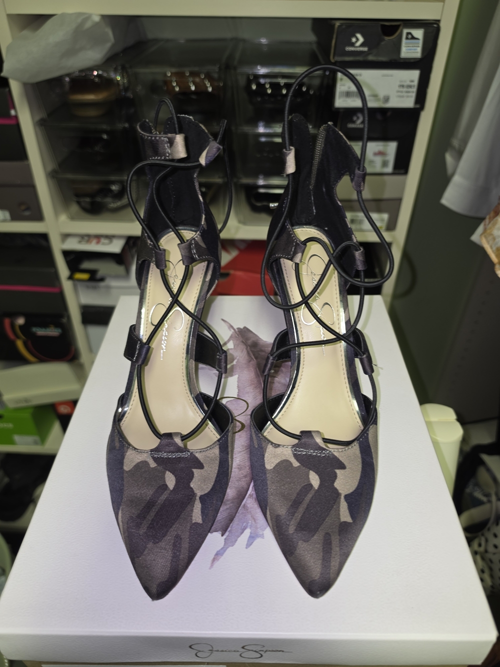 Jessica Simpson Camouflage Pointed-Toe Lace-Up Heels - Black & Gray